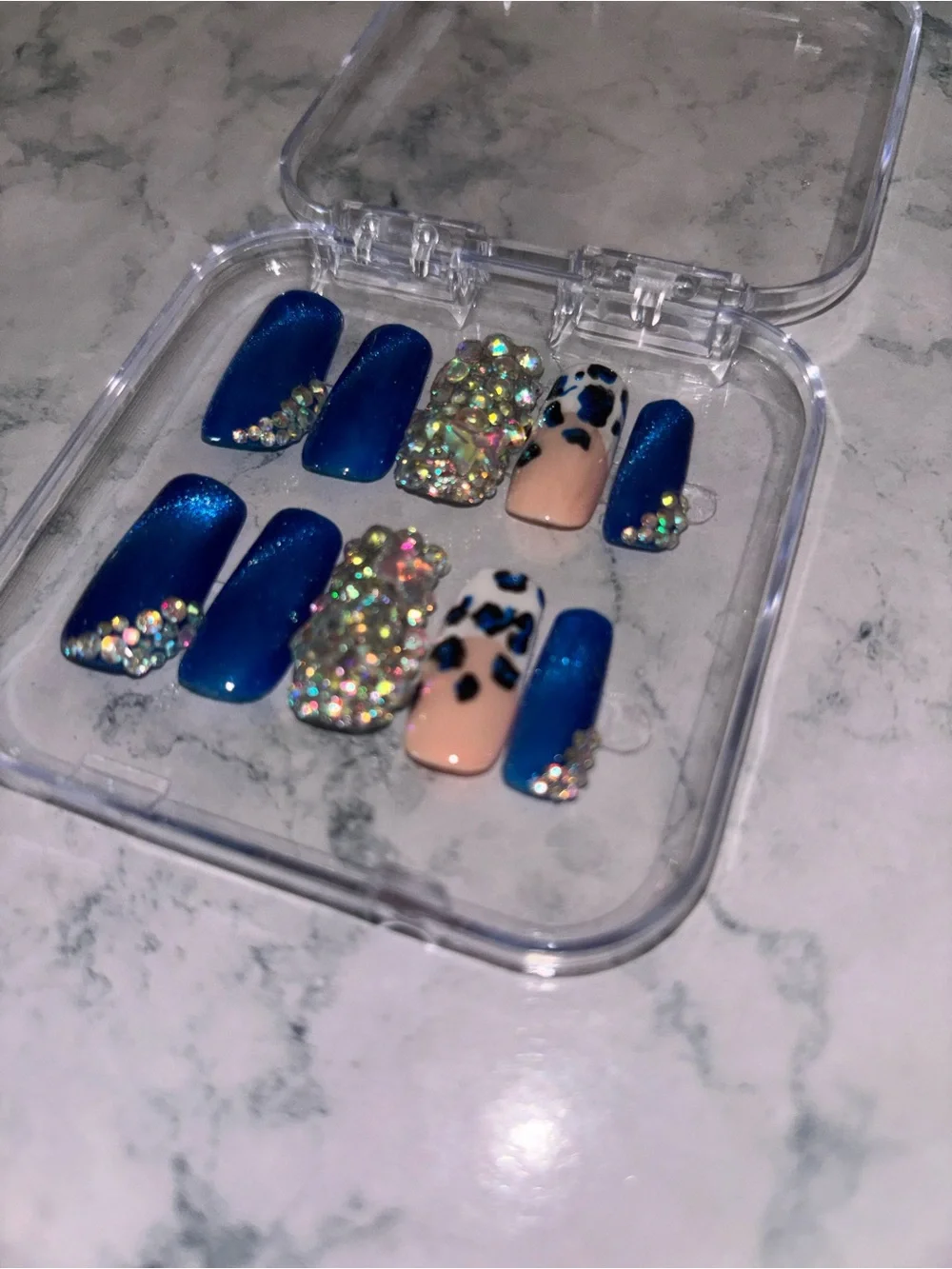 Blue Rhinestone & Leopard Print Press-On Nail Set